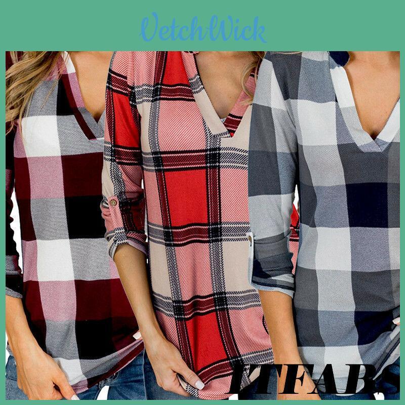 Women Vintage V-neck Loose Tops Long Sleeve Stylish T-shirt With Plaid Casual Design
