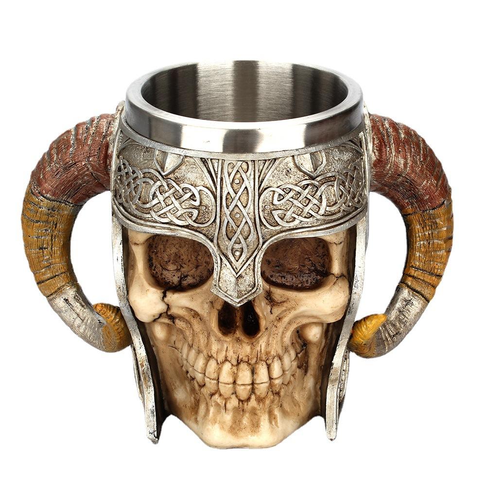 Vintage Skull Knight Croissant Cup Stainless Steel Liner Resin Mug Office Home Ornament