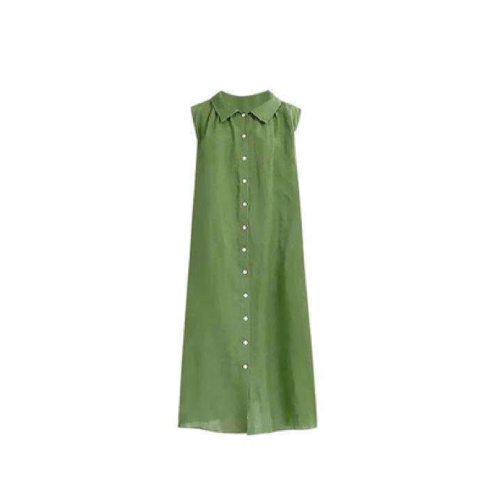 Retro literary green shirt sleeveless dress women's simple casual summer comfortable relaxed atmosphere long skirt