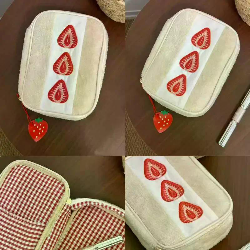 Cute Embroidered Strawberry Pencil Case Portable Stationery Pen Box Multi Functional Large Capacity Makeup Bag Storage Bag