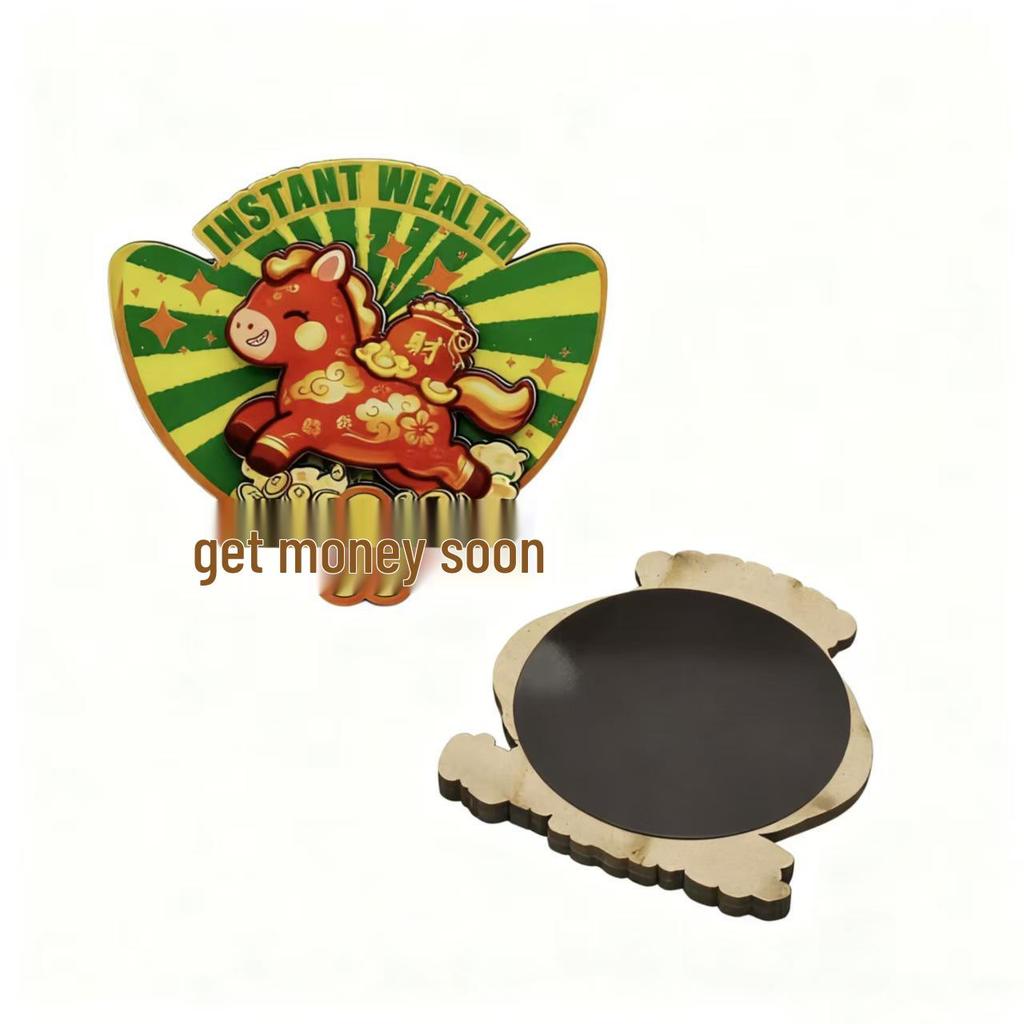 2026 Jahr des Pferdes Holz Cartoon Kühlschrankmagnet - Frühlingsfest Atmosphäre