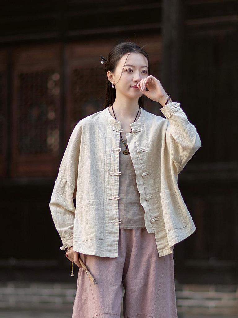 Chaqueta de Manga Larga Estilo Chino de Algodón y Lino para Mujer 2026 con Cuello Alto y Botones de Rana