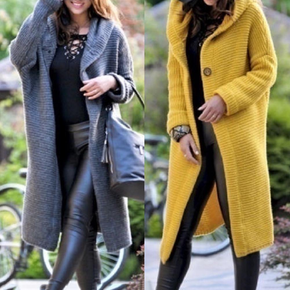 

Леди осень зима чистый цвет пуговицы кардиган свитер миди одежды XL жёлтый