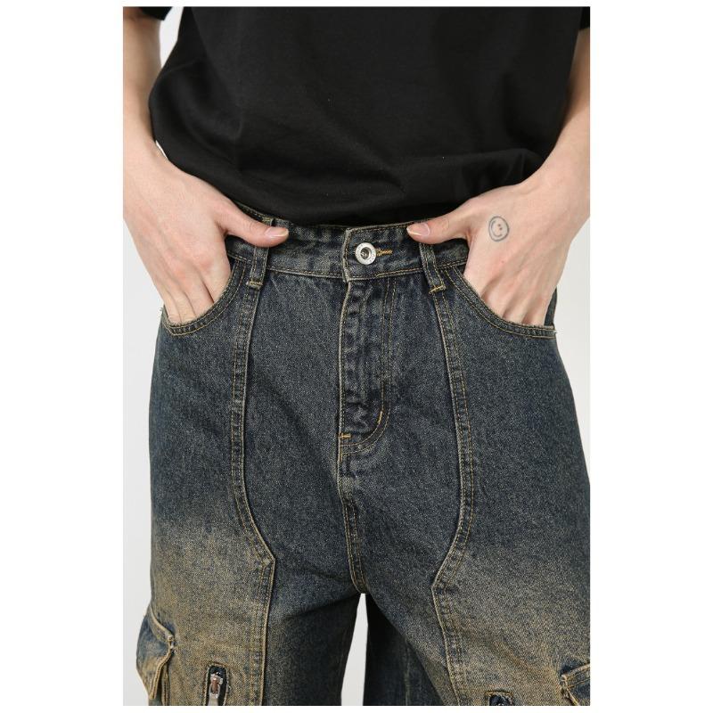 Long Trousers Versatile Washed Multi-pocket Design Sense of Work Jeans Men Senior Sense Pants