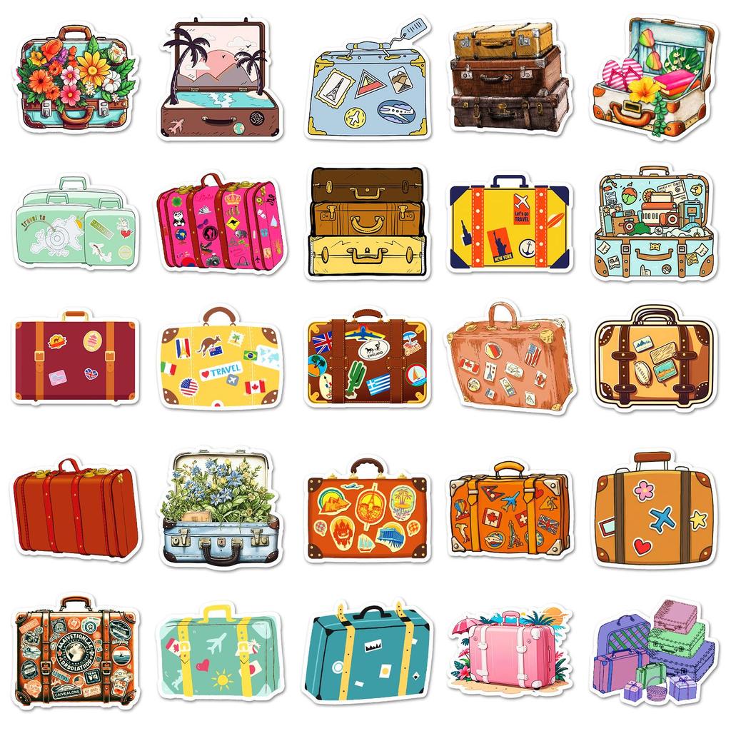 50 Retro Suitcase Stickers: Vintage Hand-painted DIY Decor for Journals & Skateboards