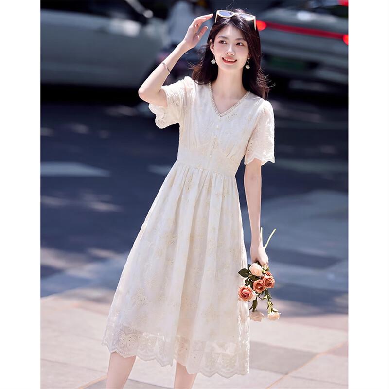 Sweet Beaded Embroidered Short Sleeve Midi Dress