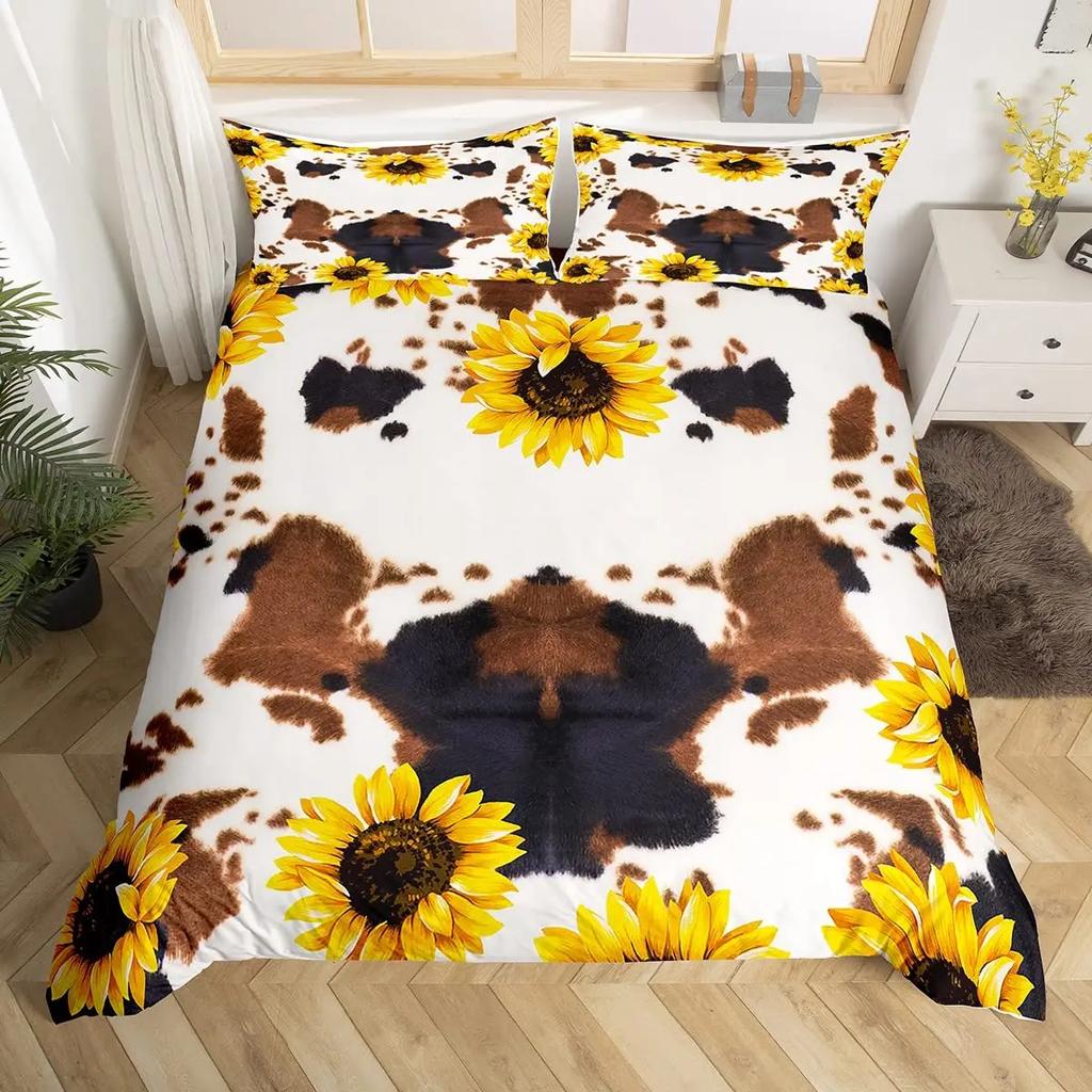 Set de așternut cu imprimeu de vacă King Queen Vacă Highland Vită Taur Blană Husă Pilotă Piele de Vacă Piele de Vacă Roz Trandafir Poliester Husă Cearșaf