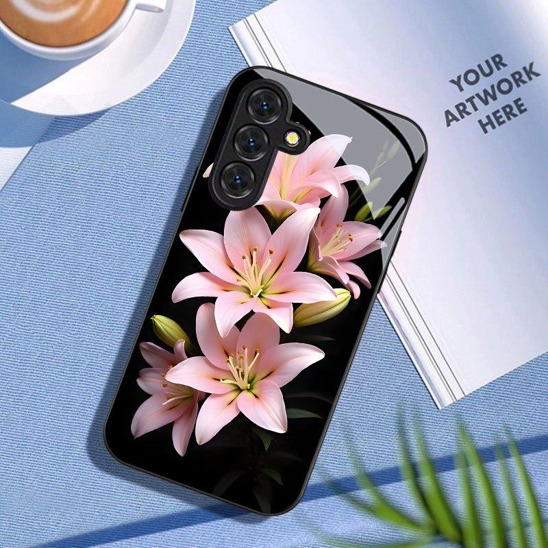 Pink Lily Flower Black Glass Phone Case Suitable for Samsung Galaxy S26 S25 S24 S22 S21 S20 FE/Ultra/Plus Anti Drop Back Cover
