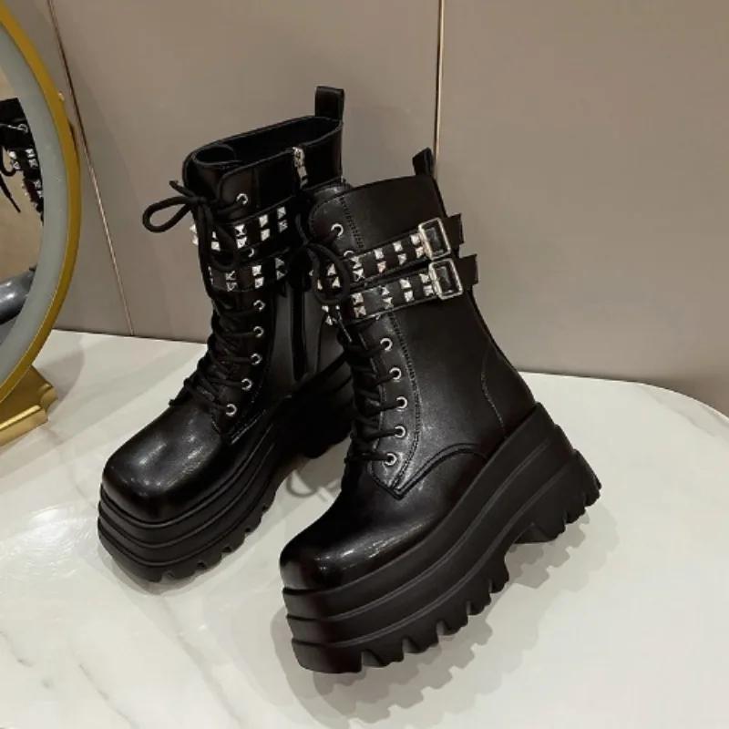 Fashion 9CM High Platform Warm Ankle Boots Women Autumn Winter Non Slip Combat Punk Fur Shoes Woman Buckle Leather Motorcycle Boots 2024