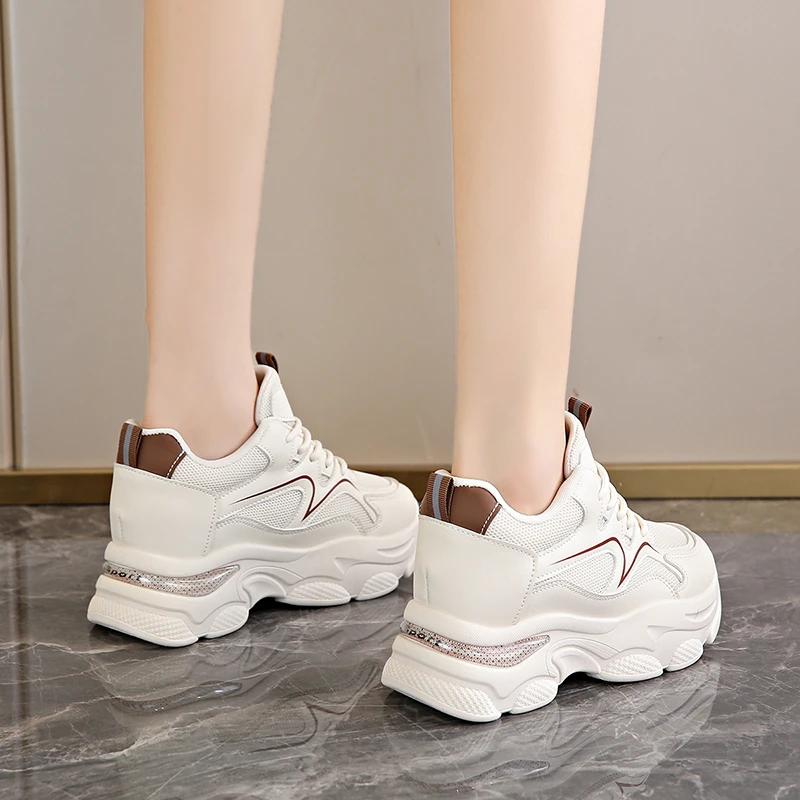 Fashion Women's Mixed Color High-heeled Sneakers Breathable Mesh Heightening Vulcanized Shoes Women's Lace-up Thick-soled Sneakers