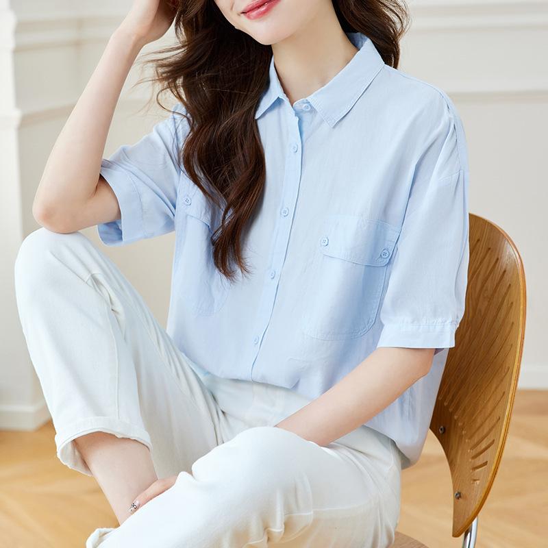 Cotton Lapel Double Pocket Short-sleeved Blouse Updated Leisure and Versatile Blouse In Summer