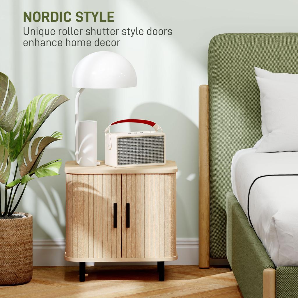 Nightstand with Louvered Doors and Steel Legs, for Bedroom and Living Room, Oak