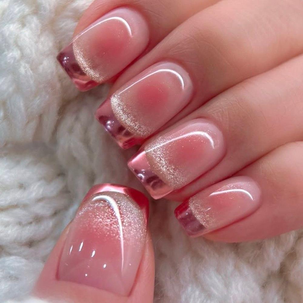 24Pcs Medium Short Square White Silver Glitter French Tip Press On Nails Full Cover Fake Nail Art Tips