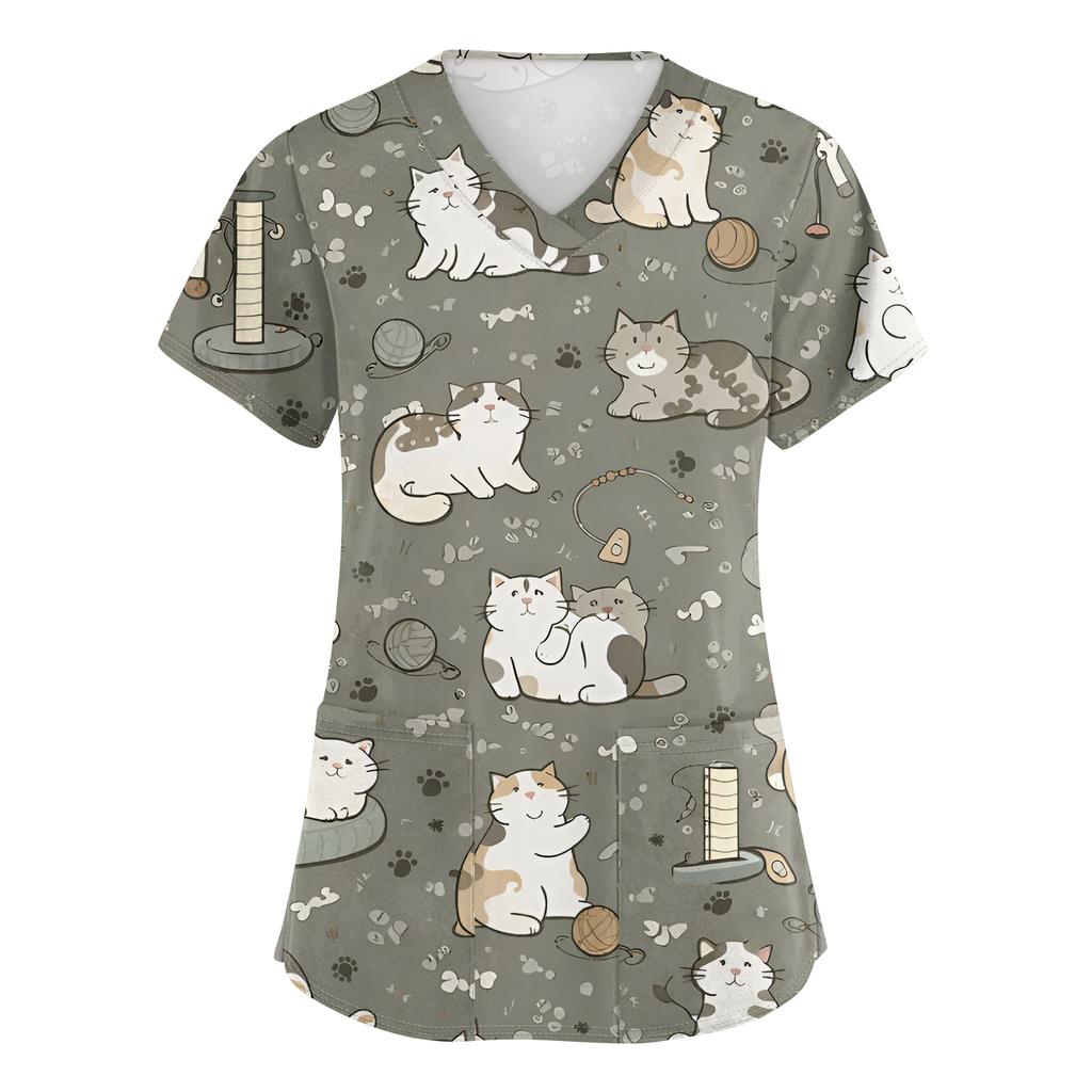 Women's Casual Short-Sleeve Cute Animal Print V-Neck Pocket Workwear Top