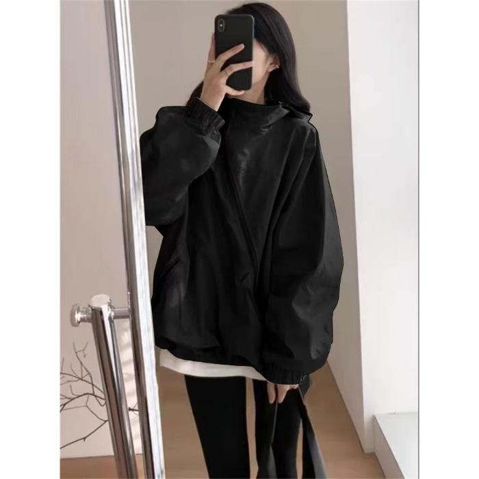 

Personalized trench coat women s Korean version of the new thin jacket jacket loose hooded tooling clothes S чёрный