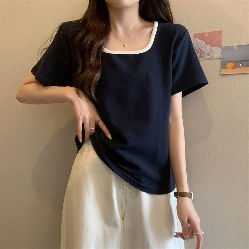 Women's Summer Loose Plus Size Square Neck Slimming Short Sleeve T-shirt - Stylish and Versatile for Chubby and Slightly Chubby Figures