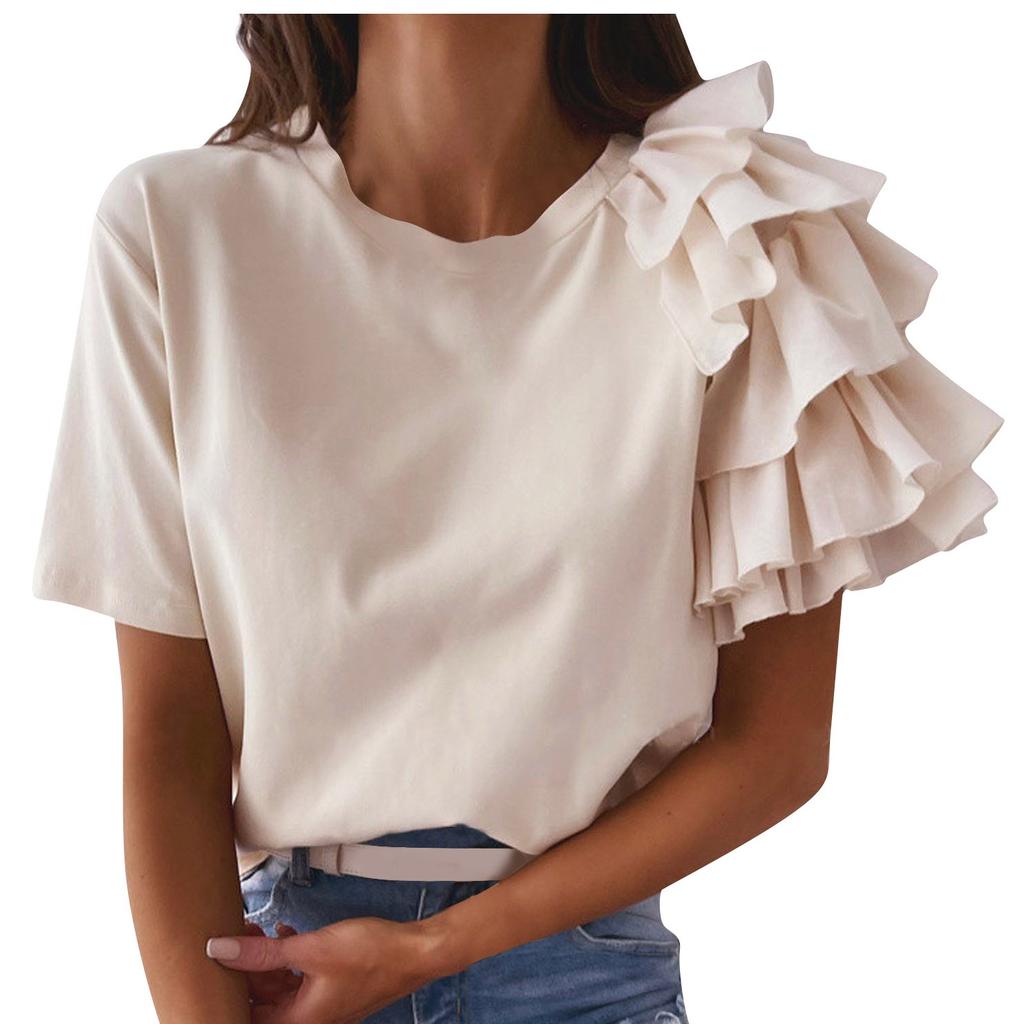 Fashion Women's Summer Ruffle Short Sleeves Round-Neck Casual Tee Tops