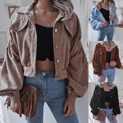Women's Vintage Casual Solid Color Autumn Winter Loose Long Sleeve Lapel Jackets & Lantern Corduroy Short Jacket Coats Fashion