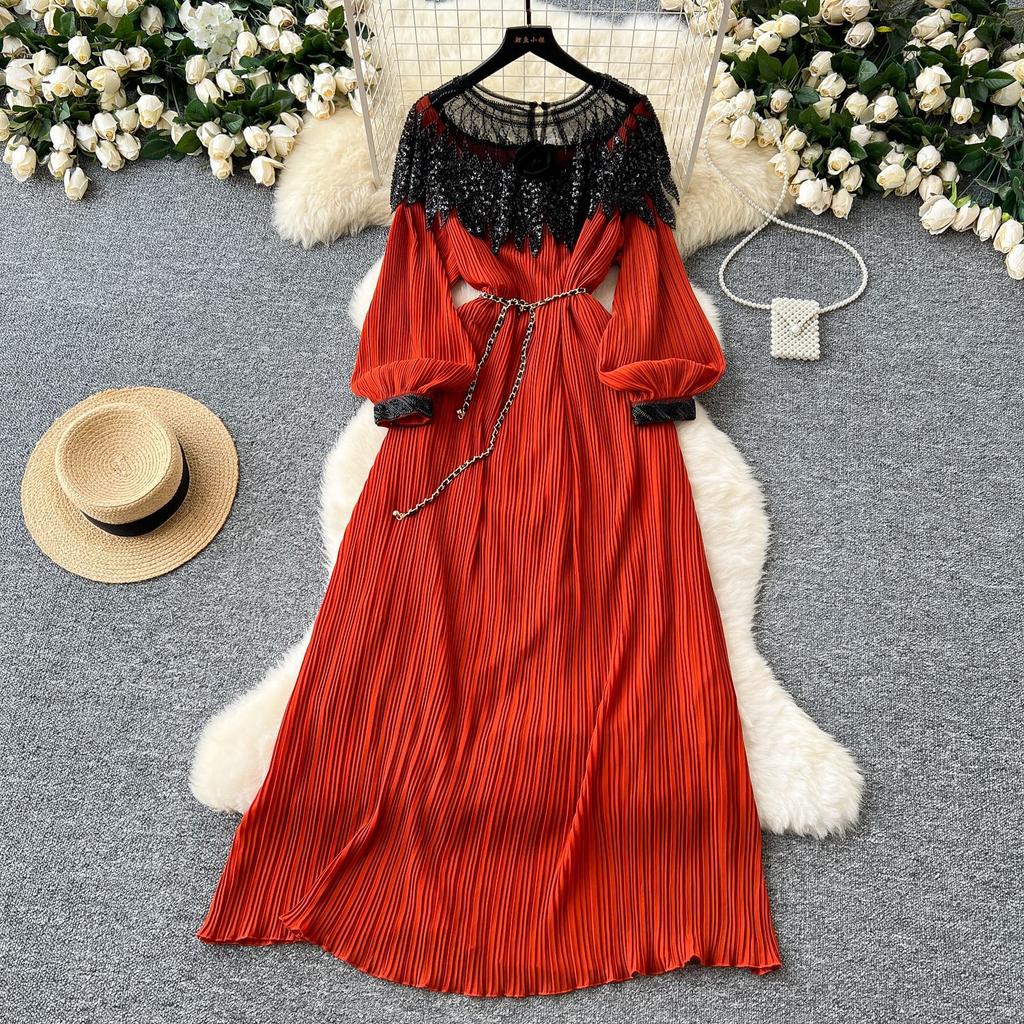 Vintage Court Style Autumn Heavy Industry Sequined Embroidered Long Pleated Bubble Sleeve Dress Women's Pleated Skirt