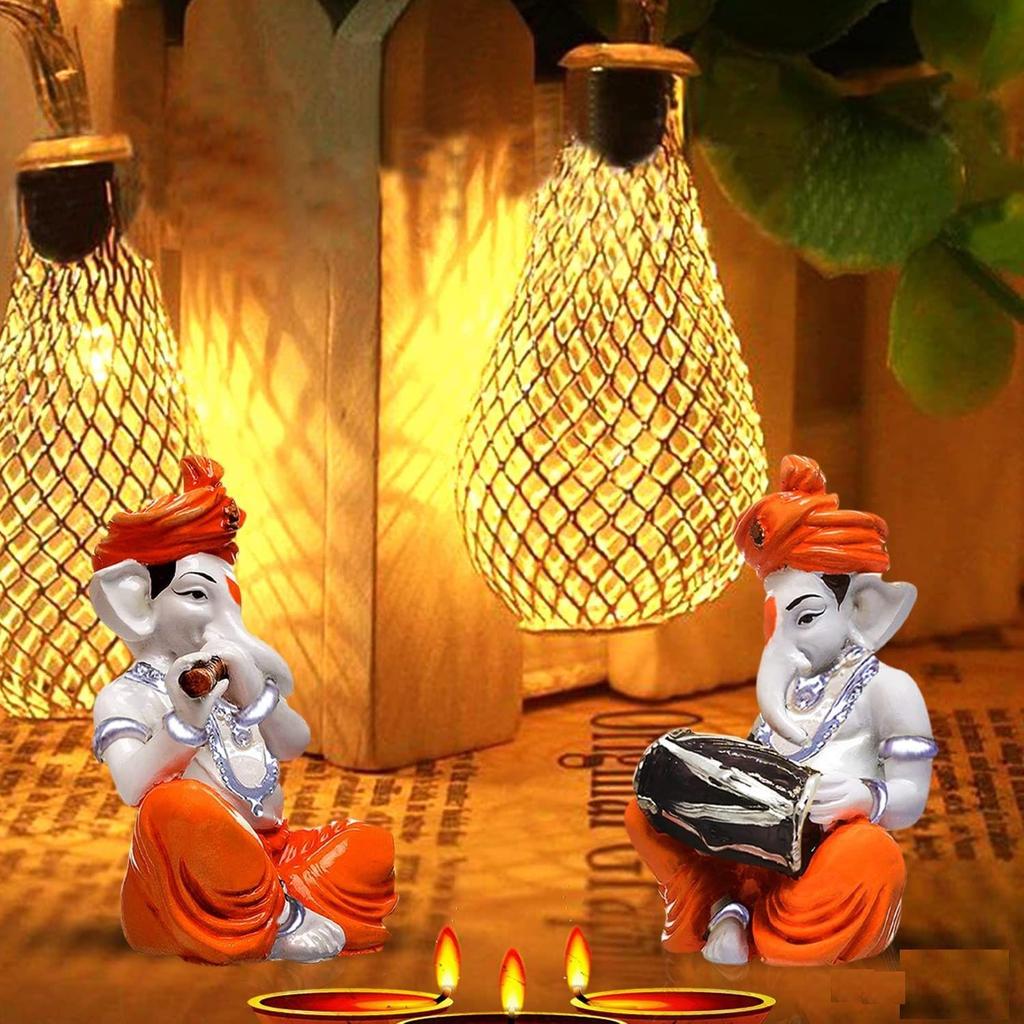 Musical Ganesha Pair for Home Decor | Brings Prosperity - (Orange and White, Pack of 2)(Resin)