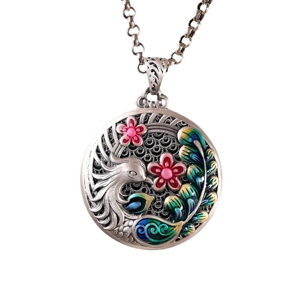 Sterling Silver Phoenix & Plum Blossom Enamel Cloisonné Long Necklace Pendant for Women