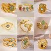 Vintage Green Stone Open Stainless Steel Rings For Women Fashion Gold Color Flower Zircon Ring Jewelry Aesthetic Anillos Gift