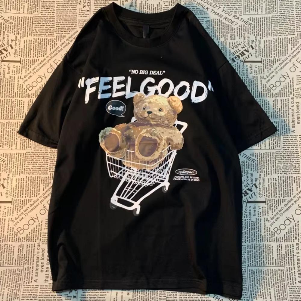 Original American Retro Teddy Bear Print Short Sleeved T-shirt For Men Women Couple Fashion Label Harajuku Pure Cotton Tee