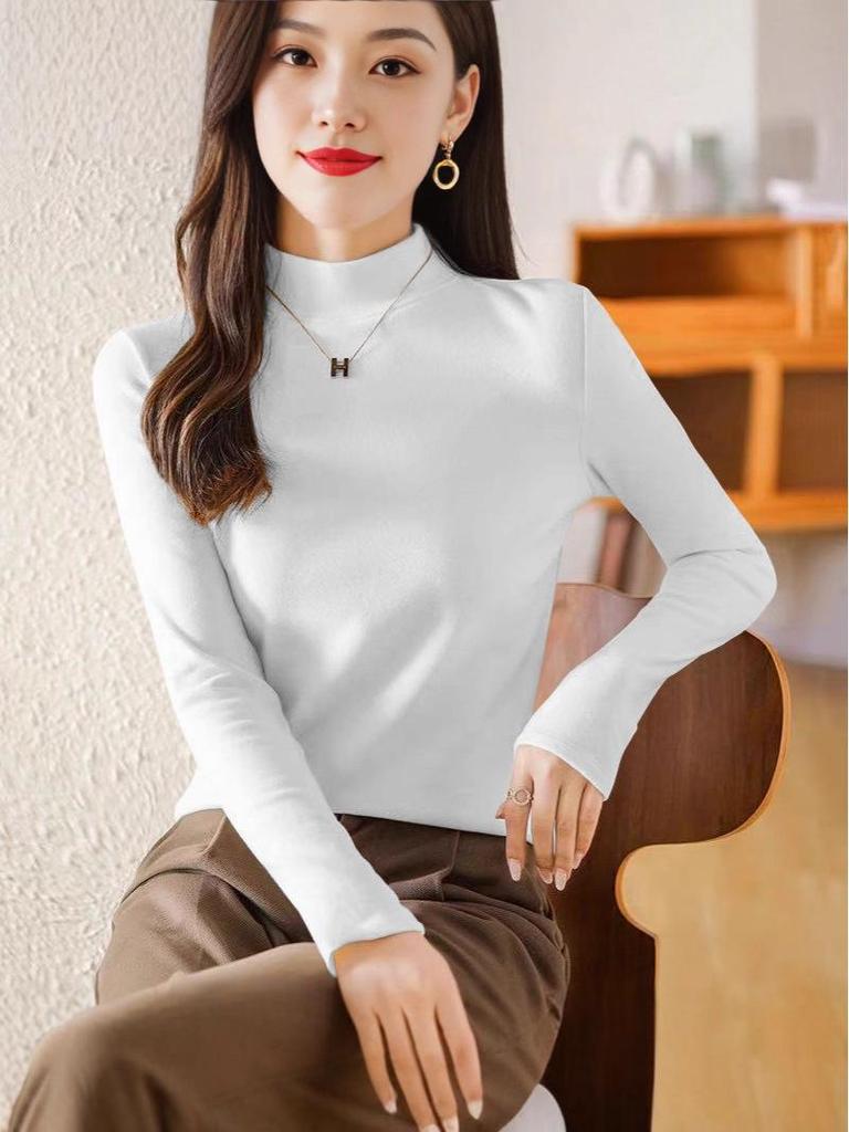 Women's Plus Velvet Half-High Collar Long-Sleeve Fleece Base Layer Top - Autumn/Winter