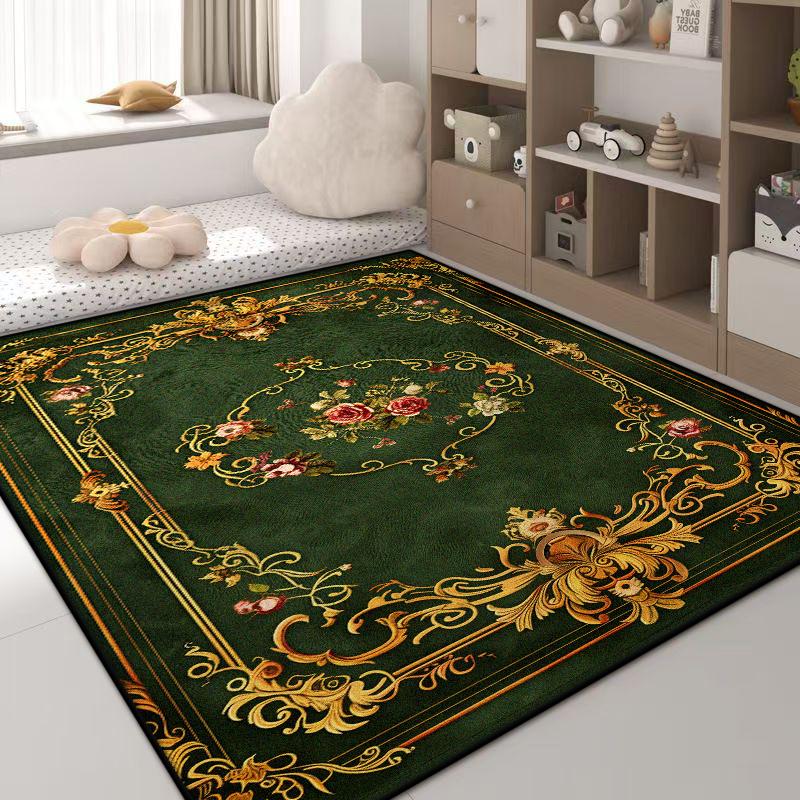 Luxusní zelený koberec květinový design protiskluzový velký rozměr obývací pokojový koberec zlatý okraj evropská tatami rohož měkké ložnicové koberce pratelné