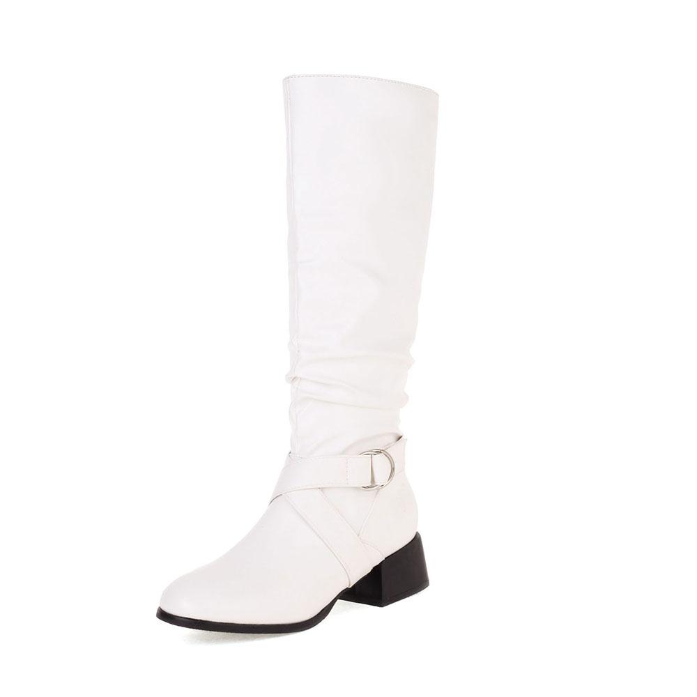 Fashion 2025 White Female Zip Leather Knee High Boots Women Buckle Long Knight Boots Female Combat Boots Ladies Low Heels Shoes Yellow