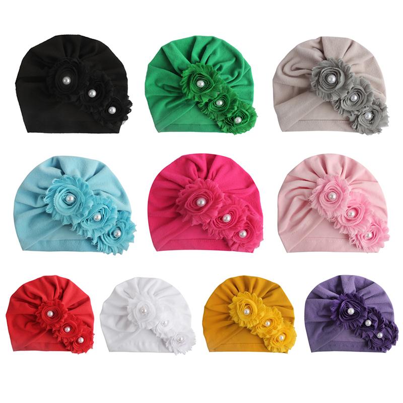 Summer Cute Baby Girl Hat Comfortable Breathable Solid Color With Flower Pearl Candy Color Turban Elastic Cap