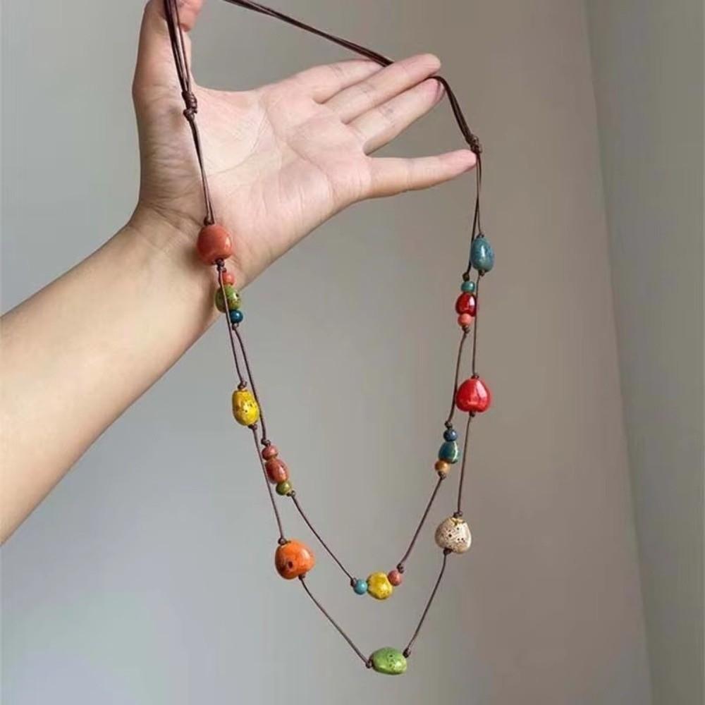 Adjustable Colorful Ceramic Necklace Woven Rope Boho Style Necklace for Women Fashion