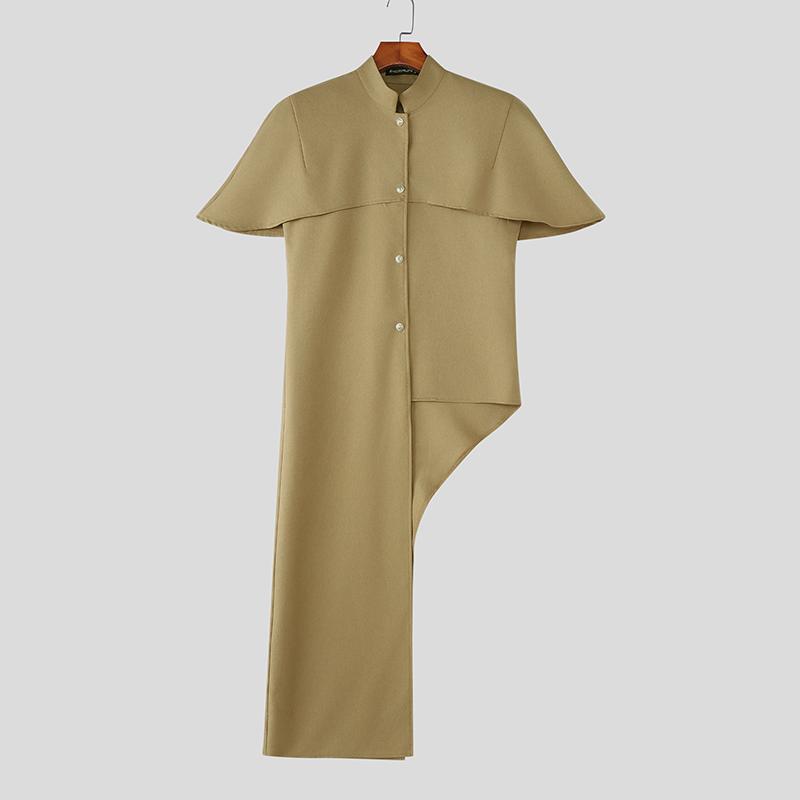 INCERUN Men Stand Neck Short Sleeve Buttons Side Splits Irregular Shirts Tops