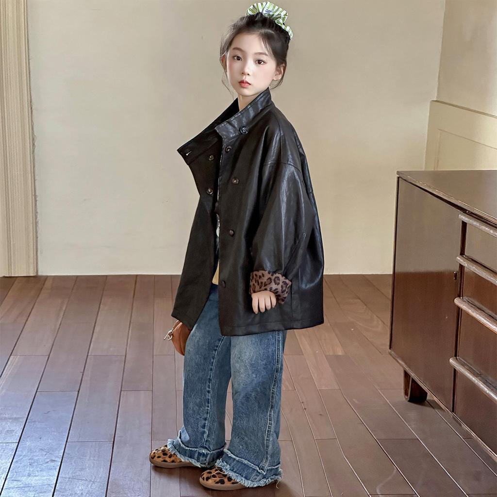 2025 Girls' Mid-Length Leather Jacket - Stylish Autumn/Spring Coat for Fashionable Big Girls