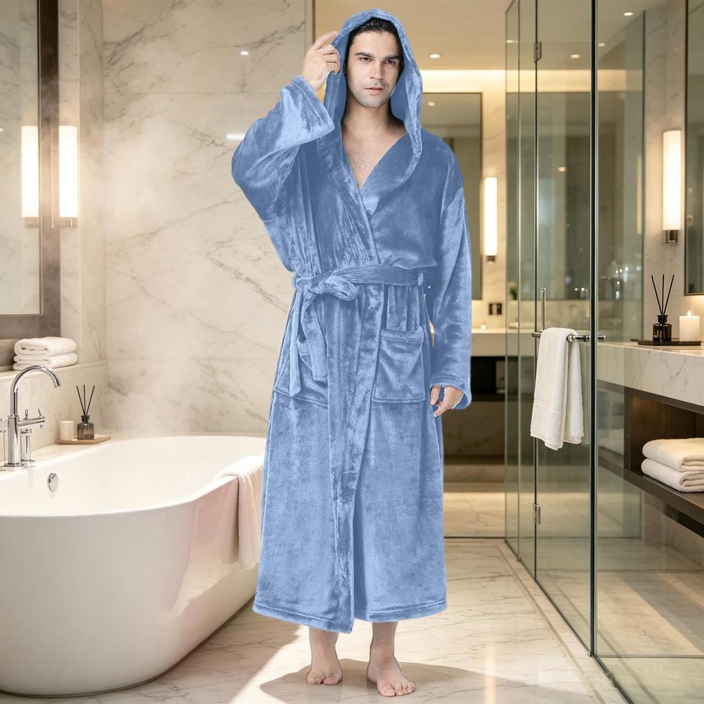 Men's Hooded Plush Bathrobe with Pockets - Soft Spa Robe for Relaxation, Sleepwear