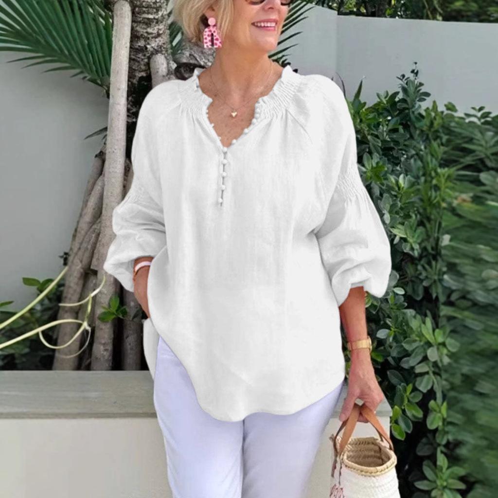 Women’s Polo-neck V-neck Plain Cotton-linen Long-sleeved Casual Top