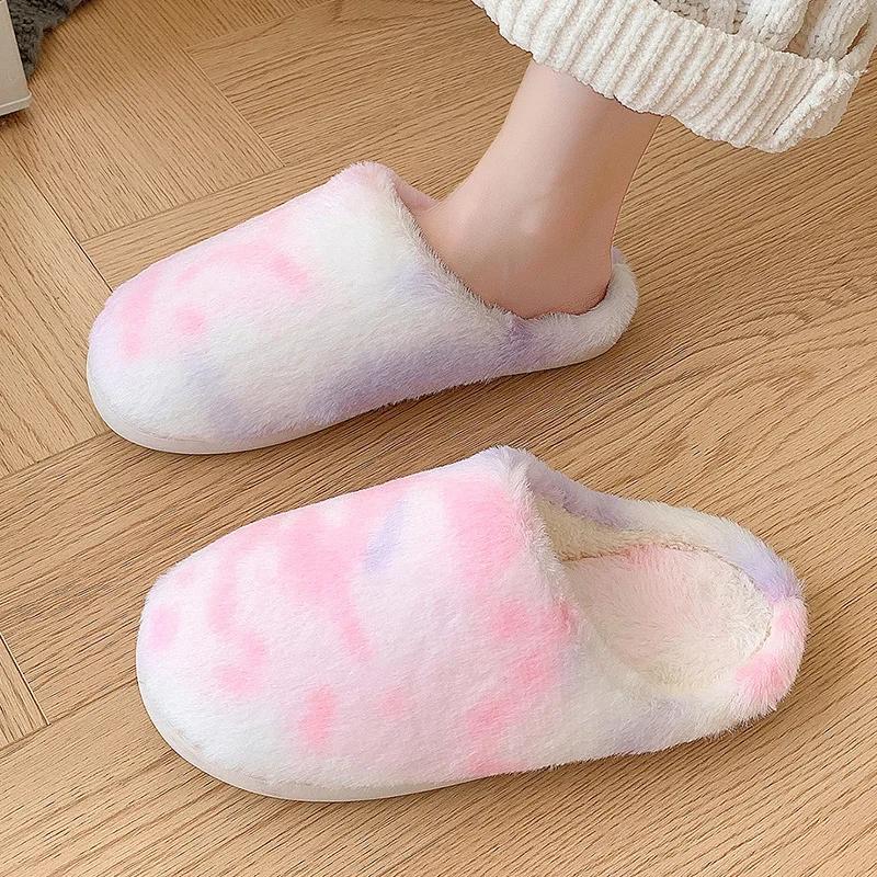 Tie Dye Gradient Plush House Slippers for Women Faux Fur Soft Sole Indoor Cotton Shoes Woman Winter Warm Flat Furry Slippers
