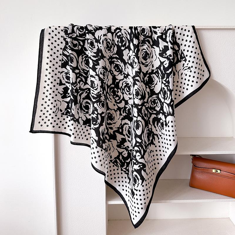 Polka Dot Camellia 90 Imitation Silk Large Square Scarf Shawl Commuting Versatile Printed Herringbone Scarf Headscarf Women