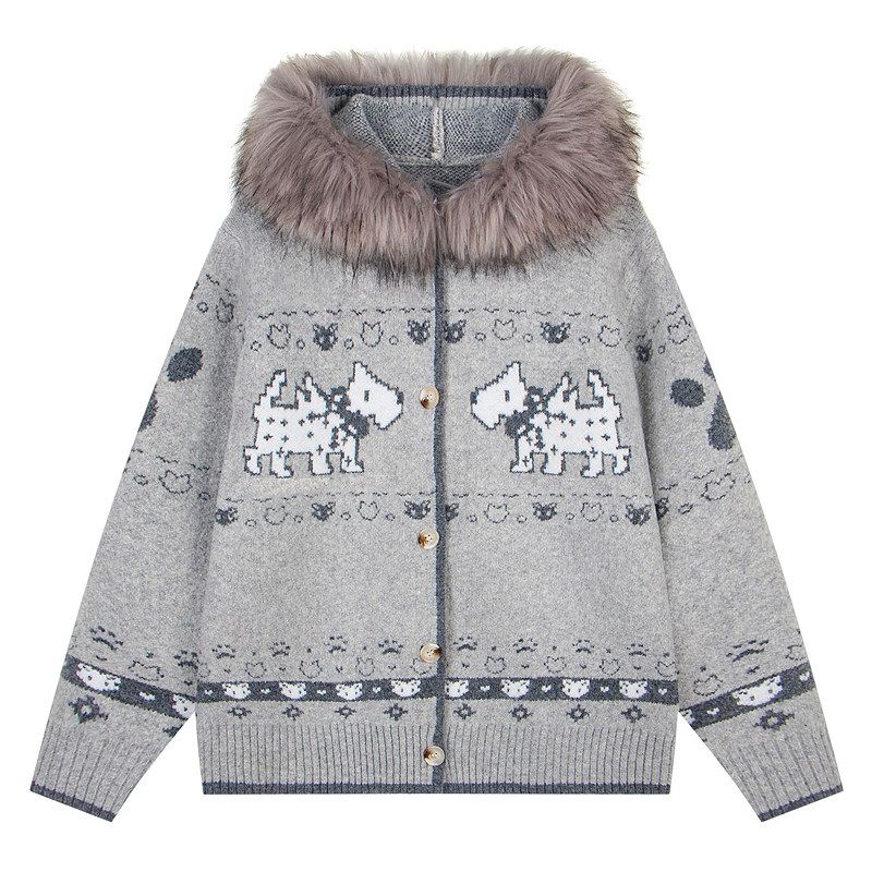 51 Hip-Hop American Retro Fur Collar Jacquard Hooded Knit Cardigan Jacket for Men, Winter Fair Isle Puppy Sweater for Women