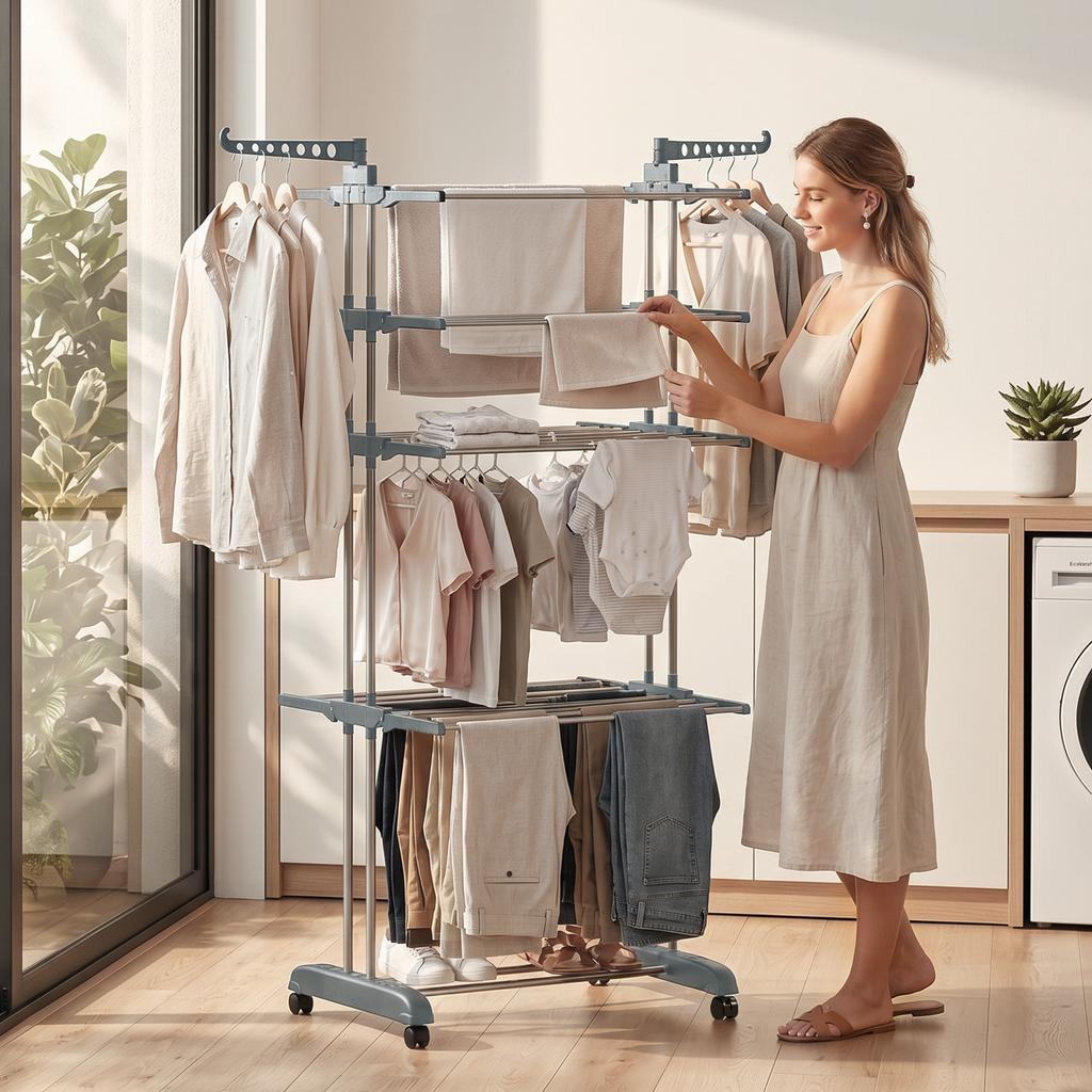 Foldable 4-Tier Clothes Drying Rack with Wheels, Side Wings and Steel Frame, Grey