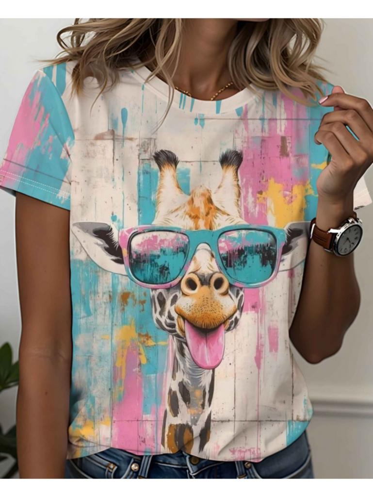 New Funny T-Shirt for Women 3D Print Cute Animals Graphic T-Shirts Summer Short Sleeves Round Neck Tops Casual Women's Clothing