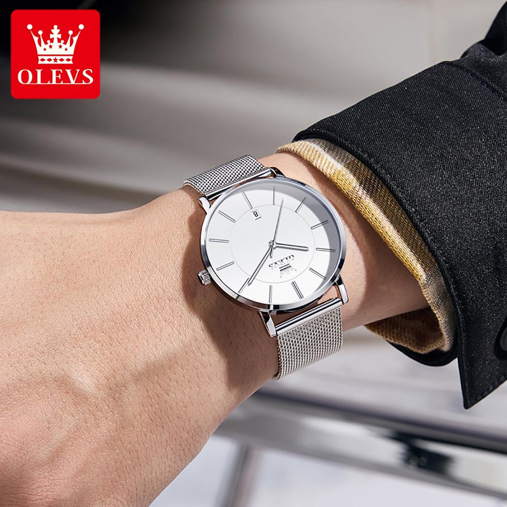 OLEVS Ultra Thin 6.5mm Minimalist Fashion Quartz Watch for Men Mesh Steel Strap Auto Date Waterproof Men Wristwatches