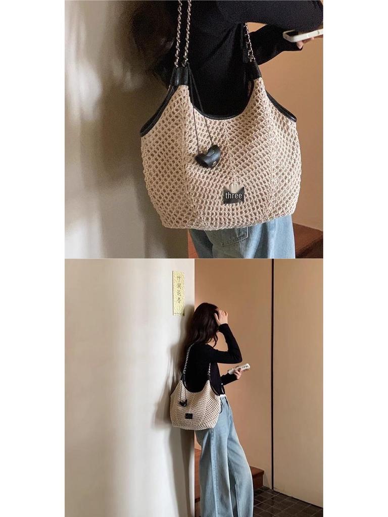 Handmade Southern-Style Cotton Rope & Straw Tote Bag - 2025 Summer Versatile Shoulder Bag for Women