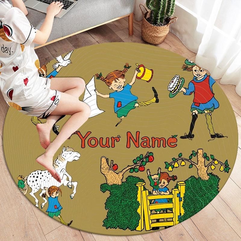 Pippi Longstocking Custom Name Round Area Rug,Carpet Rug for Living Room Bedroom Sofa Playroom Decor,Non-slip Floor Mat