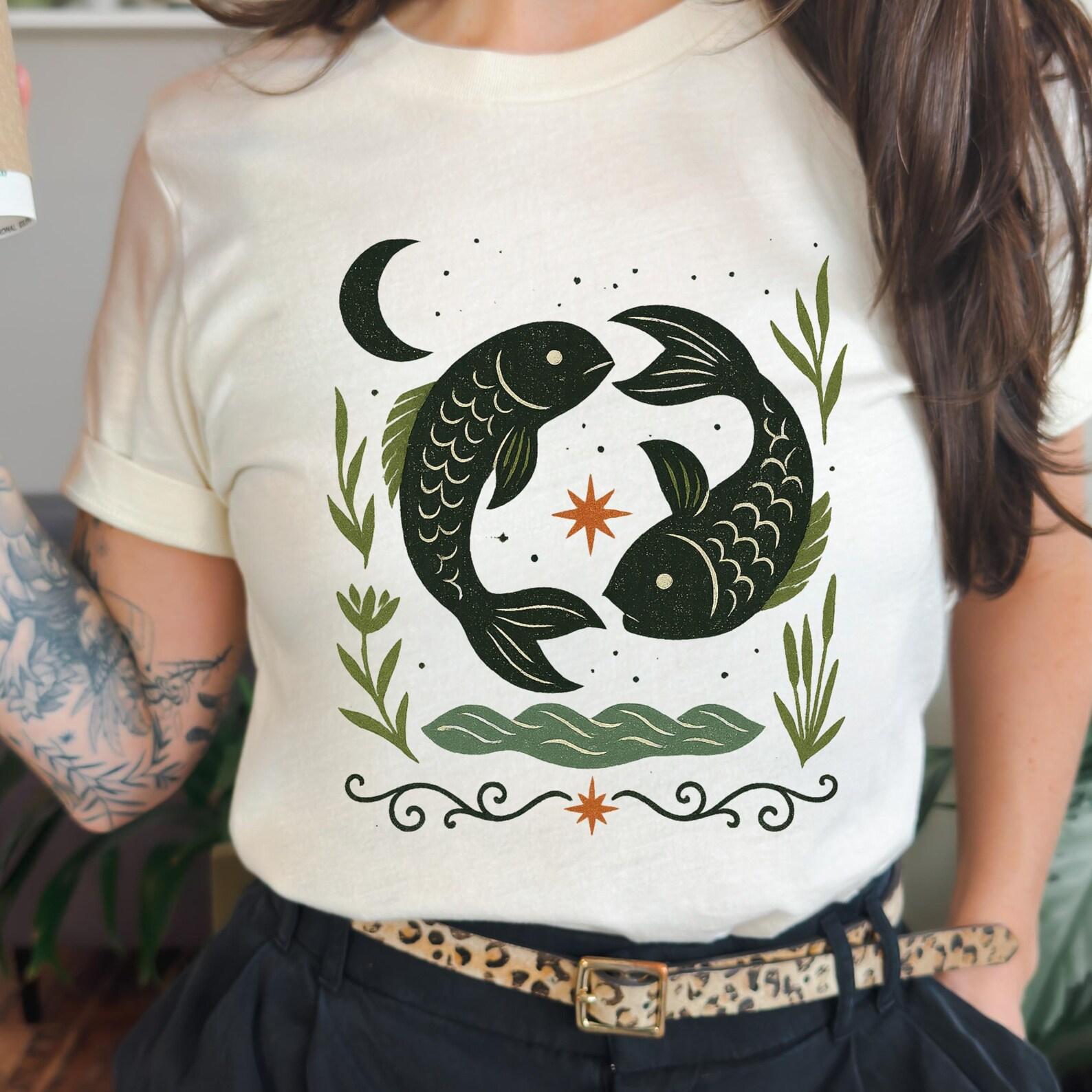 Pisces Zodiac T-Shirt: Folk Art Astrology Horoscope Tee 3XL