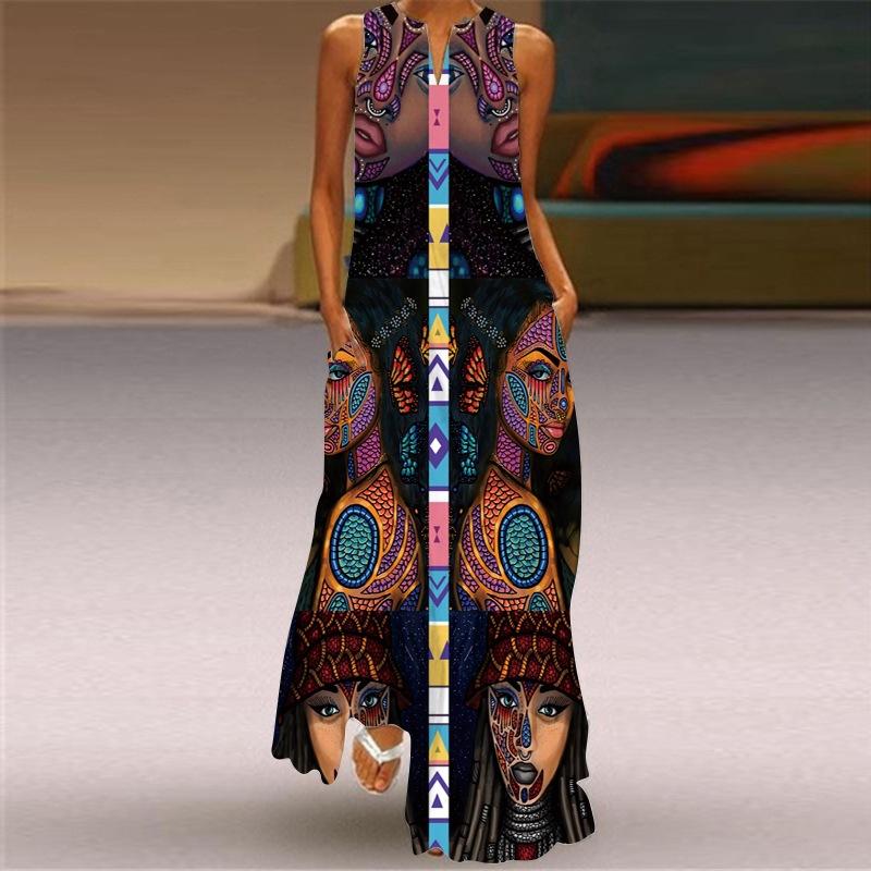 Women's V Neck Sleeveless Maxi Dress Loose Fit Elastic Waist Ethnic Vintage African Figure Print Long Dress