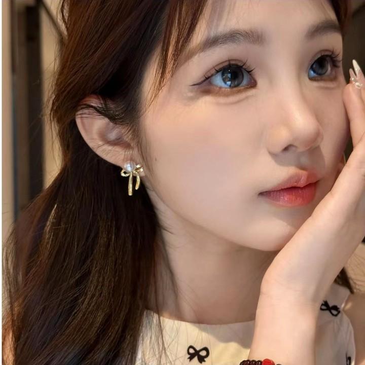 New high-end two wearing bow pearl stud earrings Korean version sweet temperament earrings earrings women