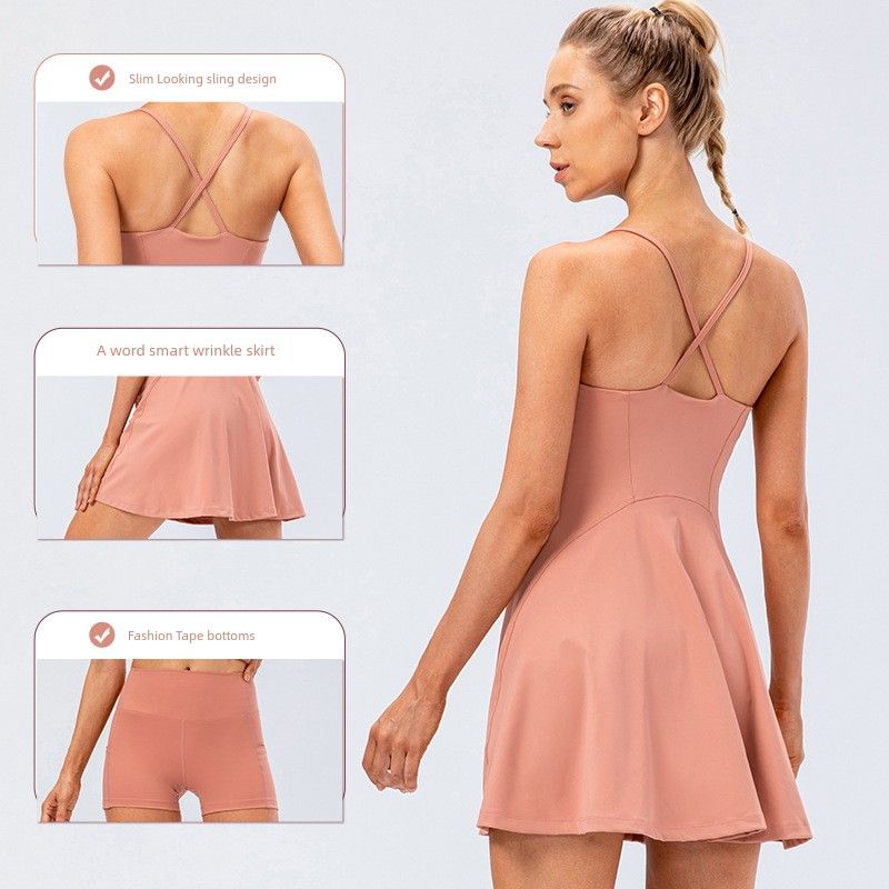 With Chest Pad Nude Feel Sling Yoga Tennis Skirt Stretch Quick-Drying Golf Exercise Skirt Pocket Fitness Two-piece Set Pack