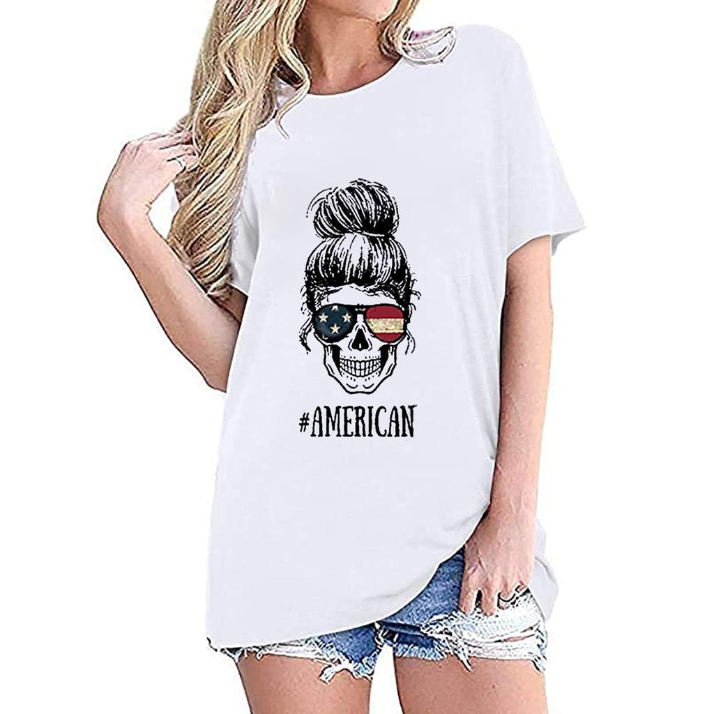 Frauen Casual Independence Day Druck Rundhals Lose Tops T-shirt Bluse