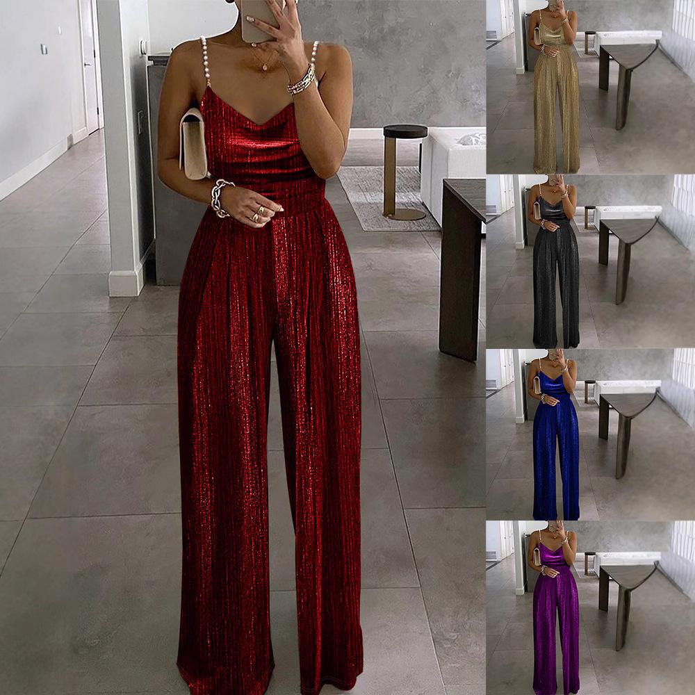 Tuta Elegante da Donna con Spalline di Perle e Paillettes Gamba Larga Scollo a V Senza Maniche per Feste